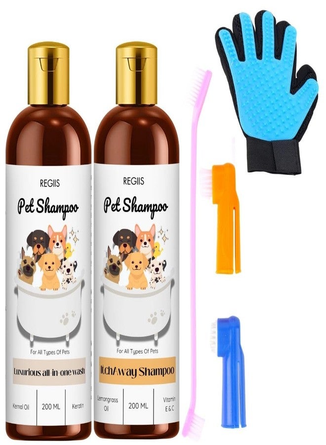 مجموعة ريجيس للعناية بالحيوانات الأليفة، تتضمن شامبو للكلاب، وقفاز لإزالة الشعر الزائد، وزجاجتين سعة 200 مل، وفرشاة للحيوانات الأليفة، وفرشاة أسنان، وغسول شامل، وتركيبة مضادة للحكة. - Image 1